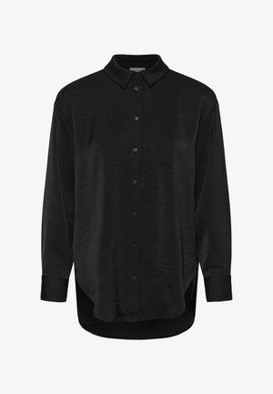 Black long-sleeve button-up shirt with a pointed collar, curved hem, and a smooth, slightly shiny fabric texture.