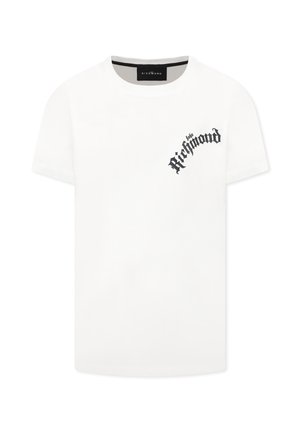 T-shirt bianco in cotone, a maniche corte, con scollatura rotonda e testo curvo nero "Richmond" nella zona sinistra del petto. Tessuto liscio.