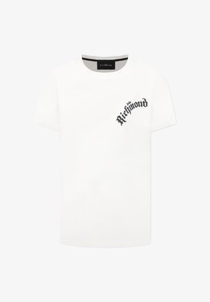 T-shirt bianco in cotone, a maniche corte, con scollatura rotonda e testo curvo nero "Richmond" nella zona sinistra del petto. Tessuto liscio.