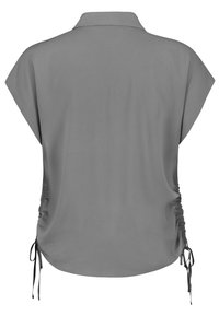 Gray, short-sleeve blouse with a collar. Features drawstring sides for adjustable fit. Smooth texture and relaxed silhouette.
