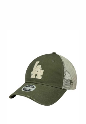 Olive green and beige mesh baseball cap with distressed "LA" logo on front and curved brim with slight wear at edge.