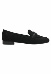 Černé mokasíny vyrobené z měkkého semiše s vyvýšeným páskem a kovovým akcentem a tenkým plochým podpatkem. Elegantní, špičatý design špičky.