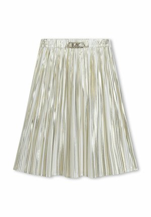 Jupe plissée en argent métallisé, dotée d'une taille élastique et d'une surface brillante et réfléchissante avec des lignes verticales, ajoutant texture et profondeur.