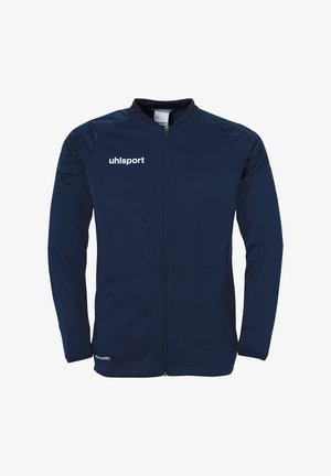 Navy blue athletic jacket with a full zipper, long sleeves, textured shoulder accents, and a white logo on the upper left side.