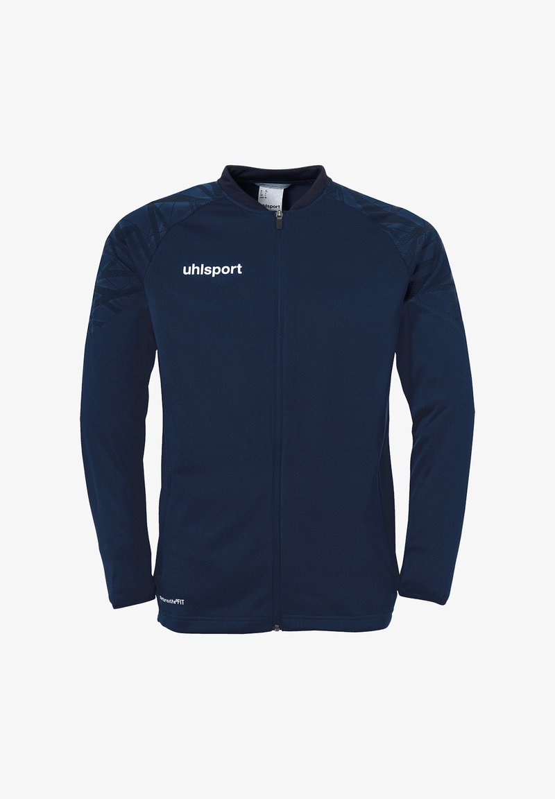 Chaqueta deportiva azul marino con cierre completo, mangas largas, acentos texturizados en los hombros y un logotipo blanco en la parte superior izquierda.