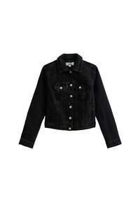 Chaqueta de mezclilla negra con cuello, cierre frontal con botones y dos bolsillos en el pecho. Cuenta con mangas largas y un diseño de dobladillo corto.