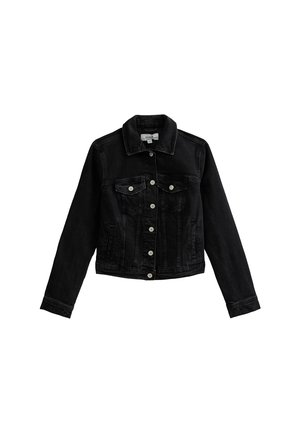Black denim jacket with a collar, front button closure, and two chest pockets. Features long sleeves and a cropped hem design.