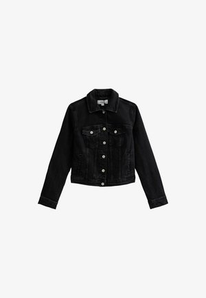 Zwarte spijkerjack met een kraag, knoopsluiting aan de voorkant en twee borstzakken. Heeft lange mouwen en een cropped zoomontwerp.
