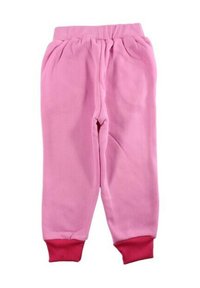 Pantalon de jogging en coton rose avec une couleur unie, une taille élastique et des poignets côtelés rouges. Texture lisse avec des plis décoratifs à l'avant.