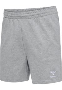 Pantalones cortos casuales grises con cintura elástica y pequeño logo blanco de Hummel bordado en la parte inferior derecha de la pierna.