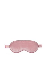 Roze zijden slaapmasker met elastische band en label met de tekst "le silque 100% mulberry silk" op een witte achtergrond.