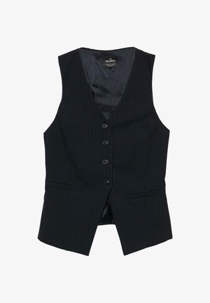 Musta raidoitettu liivi, jossa on syvä V-pääntie, kuusi nappia edessä ja kaksi sivutaskua; sileä vuori.