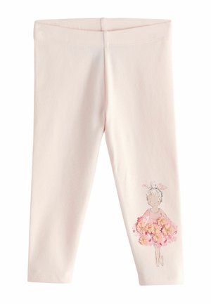 Light pink children's leggings with a small ballerina illustration decorated with 3D pink flowers on the lower right leg.