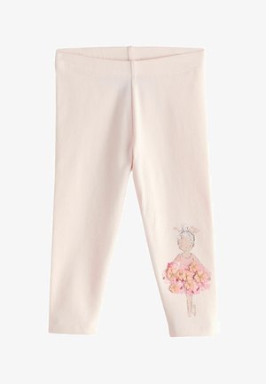 Heledat roosad laste retuusid, millel on alumisel paremal jalal väike ballerina illustratsioon, mis on kaunistatud 3D roosade lilledega.