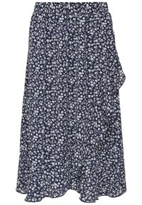 Gonna floreale blu scuro con piccoli motivi floreali bianchi, vita elastica e orlo ondulato. Realizzata in tessuto leggero.