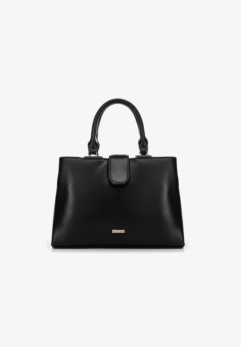 Černá kožená dámská kabelka se strukturovaným designem, dvojitými horními uchy, magnetickým zapínáním a jemnou značkovou destičkou ve zlaté barvě. Hladký povrch.