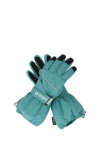 Turkosa vattentäta handskar med åtdragen handled, svarta greppdetaljer på fingrarna och reflekterande detaljer på baksidan. Märke: Zigzag.