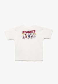 Biała bawełniana koszulka z krótkim rękawem, o luźnym kroju, z kolorowym grafiką "PEANUTS" na plecach, przedstawiająca postacie z kreskówek w różnych pozach.