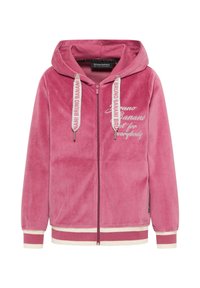 Rosa velour zip-up hoodie med dragsko på huvan, broderad text och randiga ribbade muddärmar och nederkant. Mjuk textur med dragkedja fram.