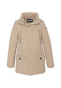 Beżowa pikowana kurtka puchowa z wysokim kołnierzem, zamkiem błyskawicznym z przodu, dwoma bocznymi kieszeniami i ozdobnymi guzikami. Charakteryzuje się pikowaną fakturą i gładkim wykończeniem.