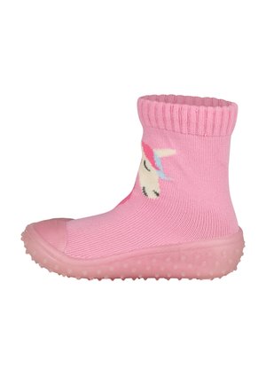 Pinkfarbige Socke mit Einhornmotiv, ausgestattet mit einem gerippten Bündchen, strukturiertem Stoff und einer Gummisohle mit Punktakzenten für besseren Halt.