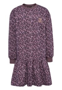 Robe sweat à manches longues de couleur violette, tissu à motifs comportant des formes noires et mauves, poignets côtelés et volants froncés au bas.