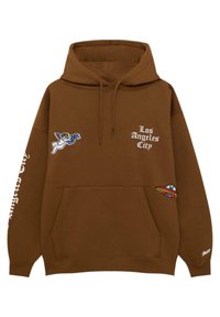 Sudadera con capucha marrón hecha de un tejido suave, que presenta el texto "Ciudad de Los Ángeles", bordado de un ángel y un OVNI, y un bolsillo frontal.