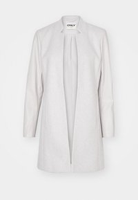 Cappotto lungo grigio chiaro con un corpo simile alla lana e maniche in pelle liscia; presenta un'apertura frontale e un design minimalista.