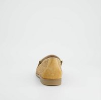 Suede loafers in tan with a woven pattern on the sides. Rounded heel with smooth tan sole and metallic accent for closure.