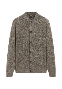 Strickjacke in Grau- und Brauntönen mit einem Rundhalsausschnitt, vorderen Knöpfen und langen Ärmeln, aus einem strukturierten, gemütlichen Stoff.