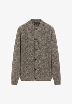 Gebreide cardigan in grijs- en bruintinten, met een ronde hals, knopen aan de voorkant en lange mouwen, gemaakt van een textuurrijke, comfortabele stof.
