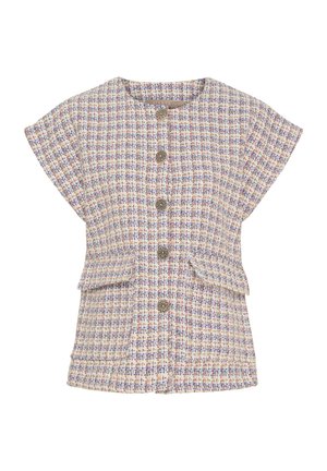 Tweed-top med korte ærmer, som har en rund halsudskæring, knaplukning foran og to forlommer. Farverigt ternet mønster gennem hele stoffet.