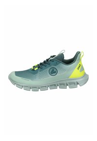 Leichte Laufschuhe in Türkis und Grau mit einem Obermaterial aus Mesh, Gummisohle, auffälligem Logo und gelben Akzenten an Ferse und Schnürsenkeln.