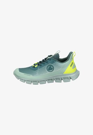 Lightweight running shoes in teal and gray, featuring a mesh upper, rubber sole, prominent logo, and yellow accents on the heel and laces.