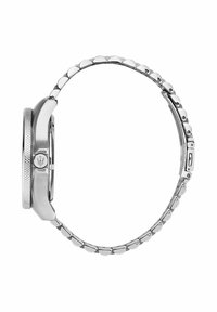 Silver stainless steel watch with a textured bezel, smooth polished finish, and linked band featuring rounded accents.