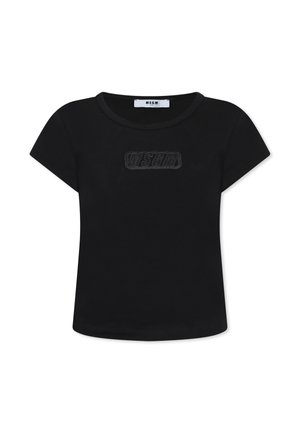 T-shirt nera in cotone con scollatura rotonda e maniche corte, con un'etichetta logo testurizzata al centro con le lettere "MSGM."