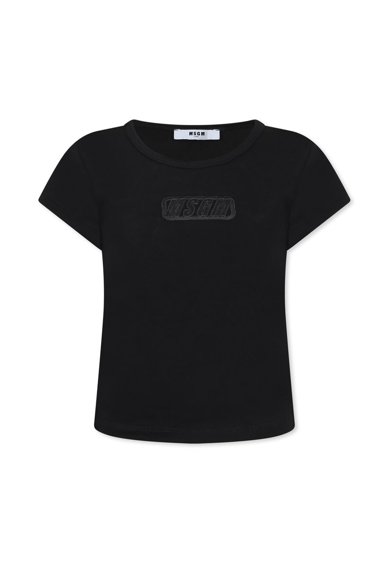 T-shirt nera in cotone con scollatura rotonda e maniche corte, con un'etichetta logo testurizzata al centro con le lettere "MSGM."