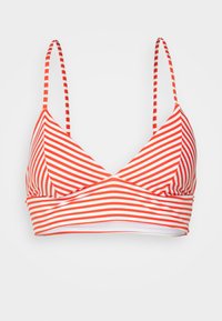 Top de biquíni com riscas vermelhas e brancas, em forma triangular, com alças finas ajustáveis e um design frontal cruzado. Textura de tecido suave.