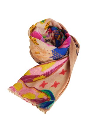 Light brown scarf with colorful floral and abstract patterns, including pink, yellow, blue, and green accents, loosely rolled with fringed edge.