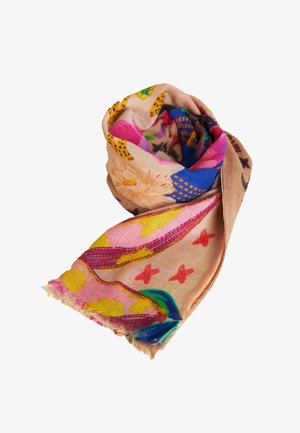 Light brown scarf with colorful floral and abstract patterns, including pink, yellow, blue, and green accents, loosely rolled with fringed edge.