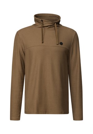 Suéter marrón de manga larga con un alto cuello y cordones. Tejido texturizado con un panel horizontal y un pequeño detalle de logotipo negro.