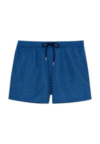 Shorts de bain bleus avec un motif en losanges, taille élastique à cordon de serrage et texture lisse. Fabriqués en tissu léger et à séchage rapide.