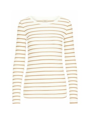 T-shirt à manches longues en crème avec des rayures horizontales beiges. Encolure ronde et design ajusté avec une texture côtelée. Tissu doux et extensible.