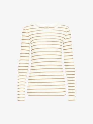 T-shirt à manches longues en crème avec des rayures horizontales beiges. Encolure ronde et design ajusté avec une texture côtelée. Tissu doux et extensible.