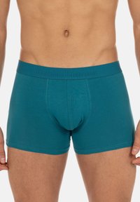 Boxer da uomo teal con una texture morbida, caratterizzati da una vestibilità aderente e una vita elasticizzata con il nome del brand impresso.