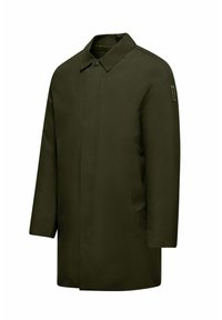 Olivengroen waterdichte jas met een rechte snit, knoopsluiting en een klassieke kraag. Heeft zijzakken en een patch op de mouw.