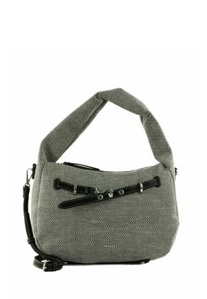 Sac d'épaule texturé gris et noir avec poignée torsadée, bandoulière noire réglable, fermeture éclair et détail décoratif de boucle noire à l'avant.