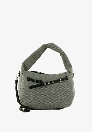 Sac d'épaule texturé gris et noir avec poignée torsadée, bandoulière noire réglable, fermeture éclair et détail décoratif de boucle noire à l'avant.