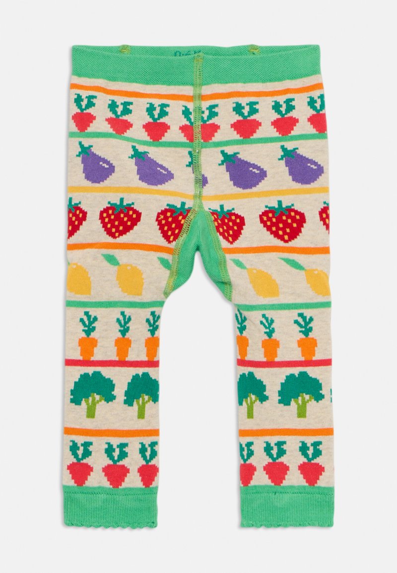 Leggings de malha coloridos com um padrão de frutas e legumes, incluindo morangos, cenouras e brócolos, com uma cinta e acabamentos verdes.
