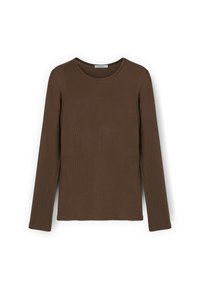 Bruin, langeshort ribbed top met een ronde halslijn. Gemaakt van zacht materiaal, met een fitted pasvorm en subtiele textuur.